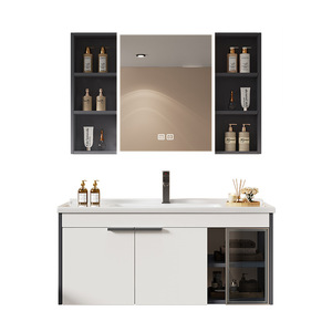 Mueble de baño sencillo con lavabo, espejo y almacenamiento, mueble con espejo para maquillaje, lavabo integrado de cerámica - Product Image 5