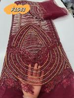 Tissu en tulle perlé à motif géométrique de luxe F1543, couleur bordeaux, orné à la main, pour robe de haute couture – Fournisseur d'usine