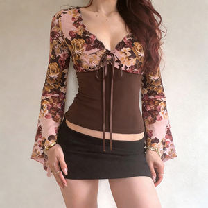 Vintage Patchwork Butterfly Floral Print <b>Knitted</b> Flare <b>Sleeve</b> <b>Top</b> for Women Sexy Slim Fit V-Neck Long <b>Sleeve</b> <b>Top</b> - Product Image 4