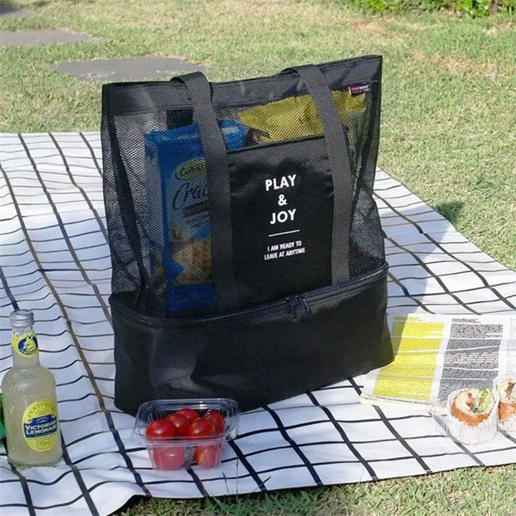 Большая вместительная Легкая Складная дышащая двухслойная сетчатая пляжная сумка-тоут на молнии с охлаждающей сумкой