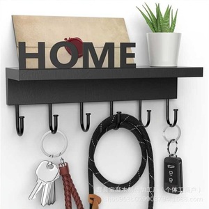 Wooden Key <b>Hook</b> Shelf <b>Black</b> Rectangle Wall Mounted Entryway Storage Multifunction Neatening Organizer - Product Image 1