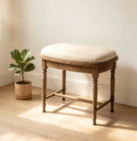 Tabouret rembourré en bois vintage avec coussin en tissu beige, repose-pieds rembourré, pieds tournés pour chambre, entrée, salon, mobilier de maison
