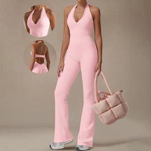 Mono de yoga para mujer, color liso, cuello en V, halter, pantalón acampanado, elástico, poliéster y algodón, largo completo, sin mangas, otoño-invierno - Product Image 1