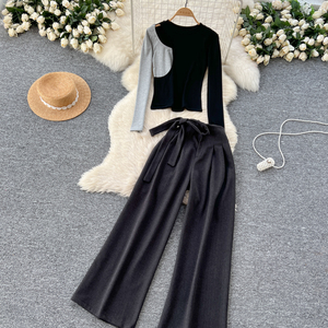 Conjunto de Pantalones Anchos de Lana de Cintura Alta con Tirantes y <span class=keywords><strong>Camiseta</strong></span> Sexy con Bloques de Color para <span class=keywords><strong>Mujer</strong></span>, Otoño, Venta al por Mayor de Boutique - Product Image 5