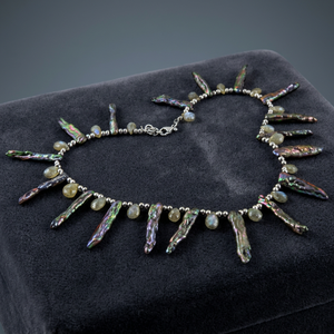 Freshwater Pearl Spike <b>Statement</b> <b>Necklace</b> 925 Silver Bohemia Style Everyday Wear Unisex Beaded Chain - Product Image 3