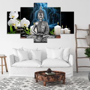 Decoración de pared pintura Buda arte imagen papel pintado retrato Deco venta al por mayor rústico hogar 5 paneles lienzo - Product Image 5