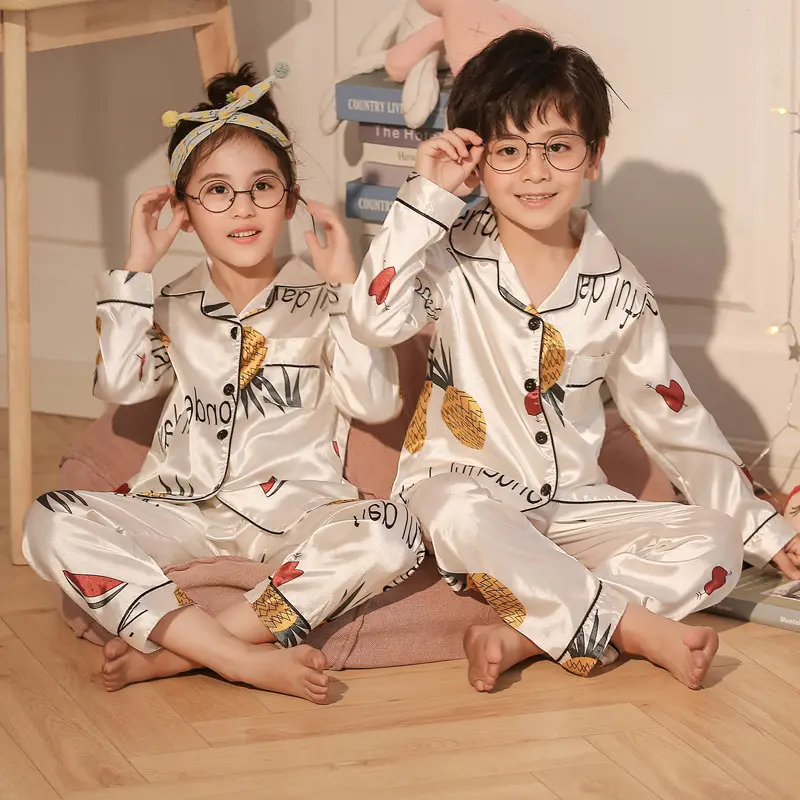 Детская Пижама, однотонная Шелковая пижама с лацканами, тонкая пижама из вискозы для девочек и мальчиков с длинным рукавом