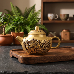 Théière traditionnelle chinoise en laiton avec couvercle et poignée, couleur dorée, design décoratif - Product Image 4
