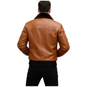 Veste aviateur en cuir d'agneau brun artisanal de qualité supérieure pour homme avec col en fourrure d'agneau amovible - Product Image 4