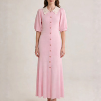 Robe longue unie à col Peter Pan style français, manches courtes, nouvelle collection été 2026, robe en maille trapèze ajustée pour femme