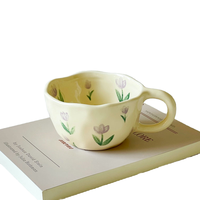 Mug Keramik Motif Bunga Gaya Korea, Warna Kuning Susu 10 Oz, Cangkir Kopi Porselen, Mug Sarapan untuk Hadiah