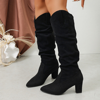 Bottes hautes souples pour femmes, à bout pointu, talon carré, en daim, avec découpe en V, à rabat, style western, noires.