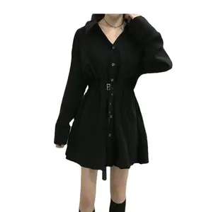 Goth Langarm Kleid Frauen Plus Size Harajuku Punk Schwarz Mini kleider Herbst Schnüren Hohe Taille A-Linie Vintage Gothic Kleidung