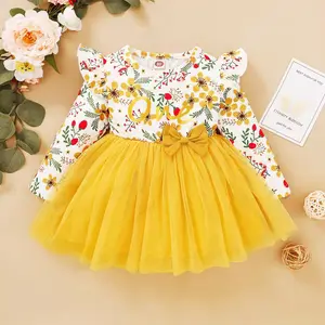 Cross Border Children's Wear Casual Dress for New European and American Printed Fly Sleeve Spring Full Cotton Mini Ball Gown Bow