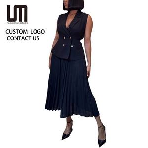 Liu Ming moda yaz kadın zarif kolsuz rahat kıyafetler Blazer pilili etek 2 parça Set Tops - Product Image 1