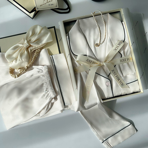 Pigiama in Seta Ghiaccio da <span class=keywords><strong>Donna</strong></span>, Completo <span class=keywords><strong>Homewear</strong></span> Semplice a Maniche Lunghe Tinta Unita, Stile Avanzato per Primavera e Autunno - Product Image 2