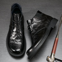 Bottes montantes pour hommes en cuir pleine fleur, à lacets, style décontracté vintage chic, rehaussantes, faciles à enfiler, pour automne-hiver