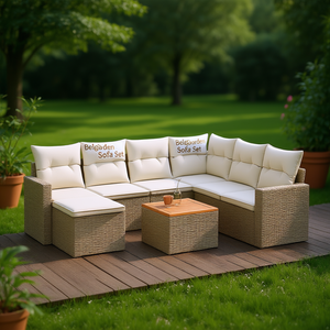 Ensemble de canapés de jardin beige, meubles en rotin d'extérieur avec coussins en mousse haute densité, design contemporain imperméable - Product Image 2