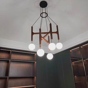 Lustre moderne en bois à 6 globes LED, luminaire suspendu à hauteur réglable <span class=keywords><strong>pour</strong></span> salon et salle à manger - Product Image 2