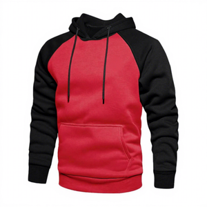 Men Hooded Raglan Sleeve Red Black Fleece Casual Autumn Wear Pocket Design Regular Fit Knitted Cotton - Product Image 1