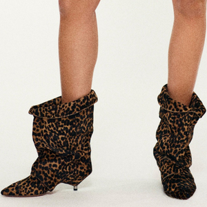 Botines de tacón bajo con pliegues y estampado de leopardo para mujer, estilo retro, botines cortos de tacón de aguja. - Product Image 1