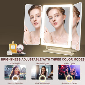 टच स्क्रीन यूएसबी रिचार्जेबल एलईडी कॉस्मेटिक दर्पण के साथ 3 रंग लाइट मल्टी-फंक्शन त्रिफोल्ड डेस्कटॉप मेकअप मिरर - Product Image 3