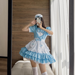 Japanese Style Blue Lolita Maid Dress With Ruffled Neckline And A Line Silhouette For Women - Product Image 3