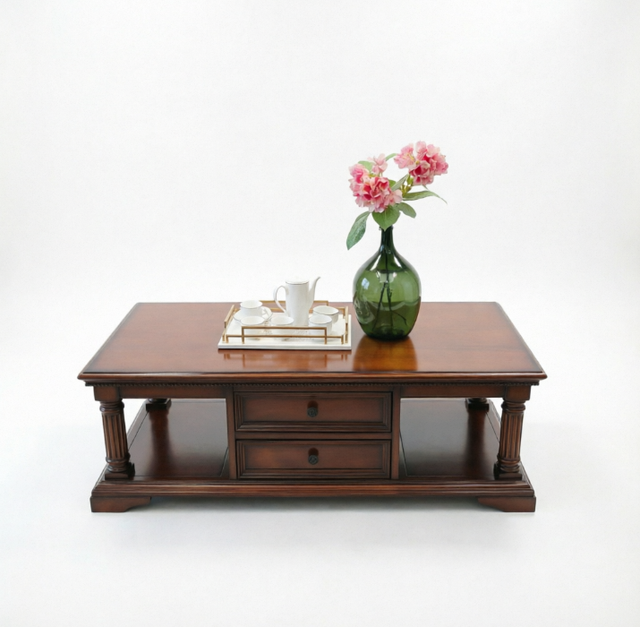 American Retro Solid Wood Coffee Table with Double Drawers on Each Side Large Eco Friendly Storage for Living Room