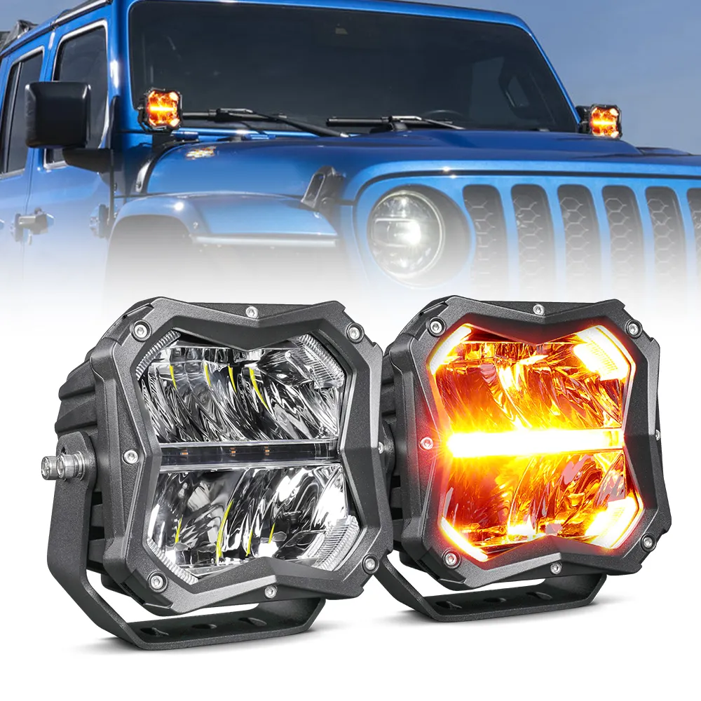 Luz de trabalho para veículos offroad, luz de trabalho para veículos, carros e caminhões, 50W, 4X4, auxiliar, 5 polegadas, mini luz LED de condução, cor dupla