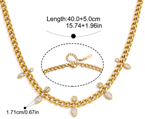 Collier en chaîne gourmette en acier inoxydable plaqué or 18 carats pour femmes, collier statement serti de zircone cubique en forme de larme et ronde - Product Image 6