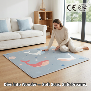 Alfombra de juego de <span class=keywords><strong>espuma</strong></span> XPE azul bebé con estampado de ballenas y océano para bebés, impermeable, antideslizante, para gatear, 140x200cm, CE CPC - Product Image 1