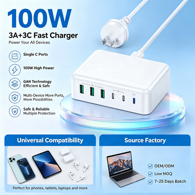 HNT 100W GaN Multi-Port PD 3.1 Fast Charger with 3Type-C and 3USB Ports Desktop Power Adapter with UK/US/EU/AU/JP Plug