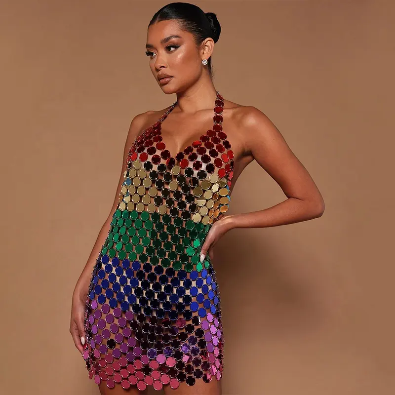 Halter Neckline Mirror Mini Dress Multicolor Backless Body Chain Night Club Disco Dresses