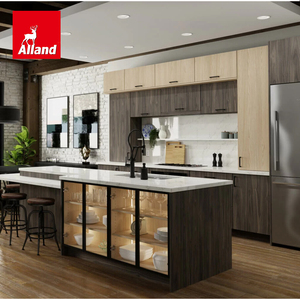 Allandgroup Moderne Küchenschränke im Stil von Stained Wood mit Laminiertem Massivholz-Lamellenrückwandpaneel und Glastür-Insel-Schrank - Product Image 1