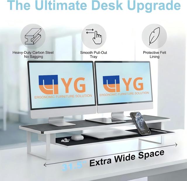 Monitor Stand Riser Laptop Stand, 31.5" Dual 2-Tier Desktop Riser with Pull-out Tray & Phone Holder for Home Office Desk