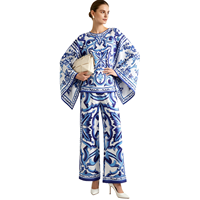 Ensemble haut ample à col carré et pantalon large imprimé porcelaine bleu et blanc, style été luxe léger haut de gamme - Élégant et tendance
