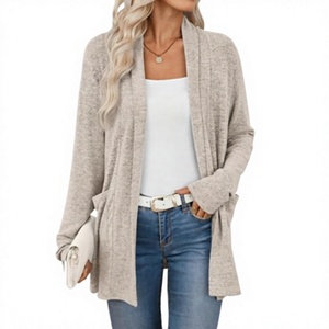 Heather Gray Open Front <b>Women</b> Sweater <b>Cardigan</b> <b>Long</b> Sleeve Knit Cover Up <b>for</b> Casual Lounge Wear - Product Image 2