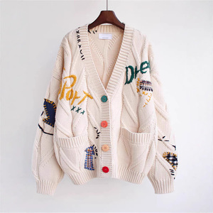 Women's Embroidered Knitted <b>Cardigan</b> Loose Fit Full Sleeve Vintage Style Single Breasted Medium <b>Thickness</b> Anti-Pilling - Product Image 1
