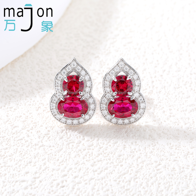 Classic S925 Gourd Shape Lab Grown Ruby Stud Earrings Moissanite Halo Fine Jewelry Lucky Women Gift Wholesale