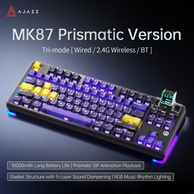 AJAZZ MK87 Tri Mode Mechanical Keyboard 87 Key 1000mAh Battery 1.4 Inch TFT Screen RGB Backlight Customized Gasket
