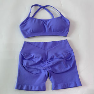 2-teiliges Set Damenkleidung Einfarbig Atmungsaktiv Nahtlos Geraffte Yoga-Shorts Rückenfreier Sport-BH Fitness Workout Top Gym-Outfit - Product Image 5