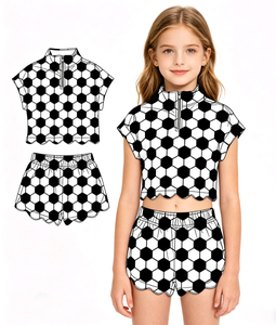 Custom Casual Summer Soccer Print Bows Kids Zipper T-Shirt Scallop Edge Shorts 2 Pieces Outfits Dress Sister Kids Clothing - Product Image 1