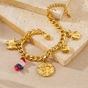 Fashion Charm Bracelet Gold Tone Chain With Butterfly Heart Rose Pendant Colorful Beads Unisex Jewelry Gift - Product Image 3