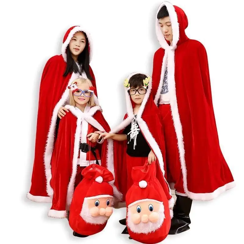 Christmas Santa Cape Cosplay Large Red Velvet Hooded Cloak Santa Claus Cosplay Costumes Adult Lady Kids Girl For Party Club