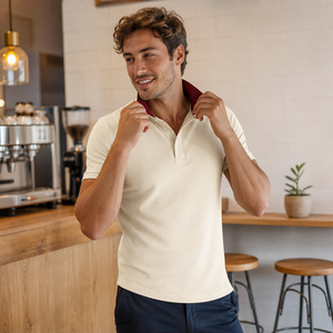 Polo personnalisé pour homme en piqué uni 100% coton à fibres longues mercerisé, coloris marine, beige, blanc cassé, anthracite, coupe ajustée, pour affaires, OEM - Product Image 2