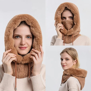 Wholesale Winter Fur Cap Set Hooded for <b>Women</b> Knitted Cashmere <b>Neck</b> Warm Ski Windproof Hat Thick Plush Fluffy Hood - Product Image 3