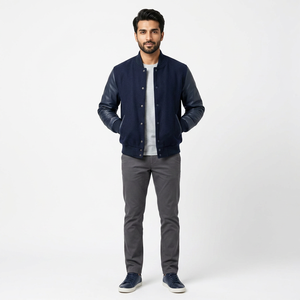 Custom Made <b>High</b> Quality Genuine <b>Leather</b> Men's Varsity Jackets Breathable Fashionable Front Button Closure Embroidered Stand - Product Image 1