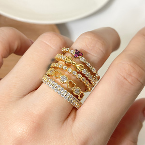Đồ trang sức không thấm nước Nhẫn Ngón tay phụ nữ 18K mạ vàng brass thanh nhã Zircon mỏng Stack nhẫn cho cô gái - Product Image 1