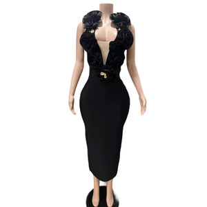 Robe midi pour femme avec appliques florales 3D - Robe de soirée extensible sans manches à col en V profond - Mode - Product Image 3