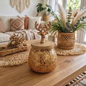 Pot en verre bohème à feuille d'or avec couvercle en bois en forme de bois de cerf, fait main, décoratif, pour le rangement sur table de salon - Product Image 1